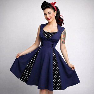 Killreal 50s Style Blue Black Polkadot  Rockabilly Pleated Swing Dress Size XL